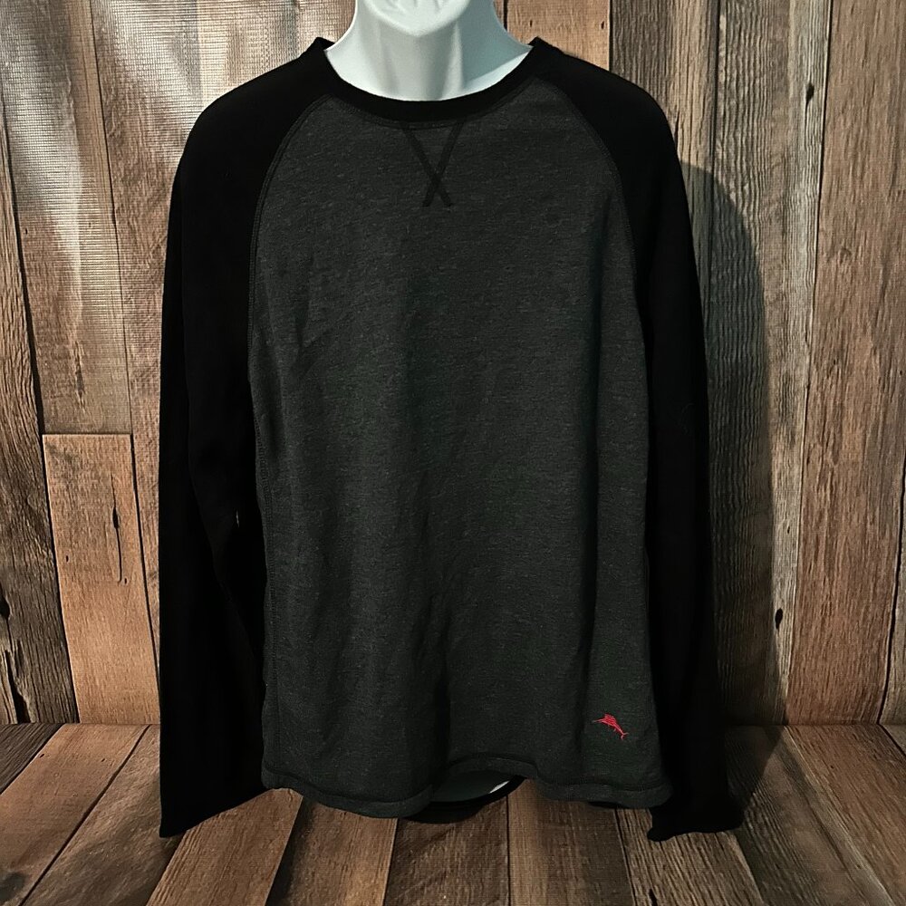 Tommy Bahama Sweater Mens XL Gray Black Crew Neck Long Sleeve Soft Knit Pullover